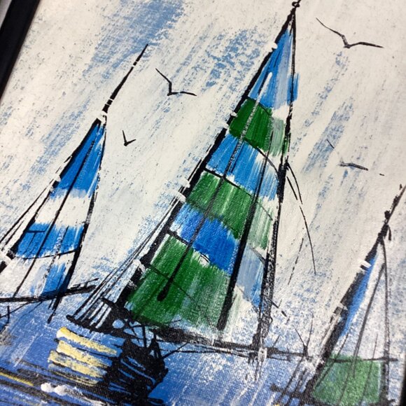 Vintage Mid Century Oil Painting Set Signed Sail Boats - Picture 9 of 16